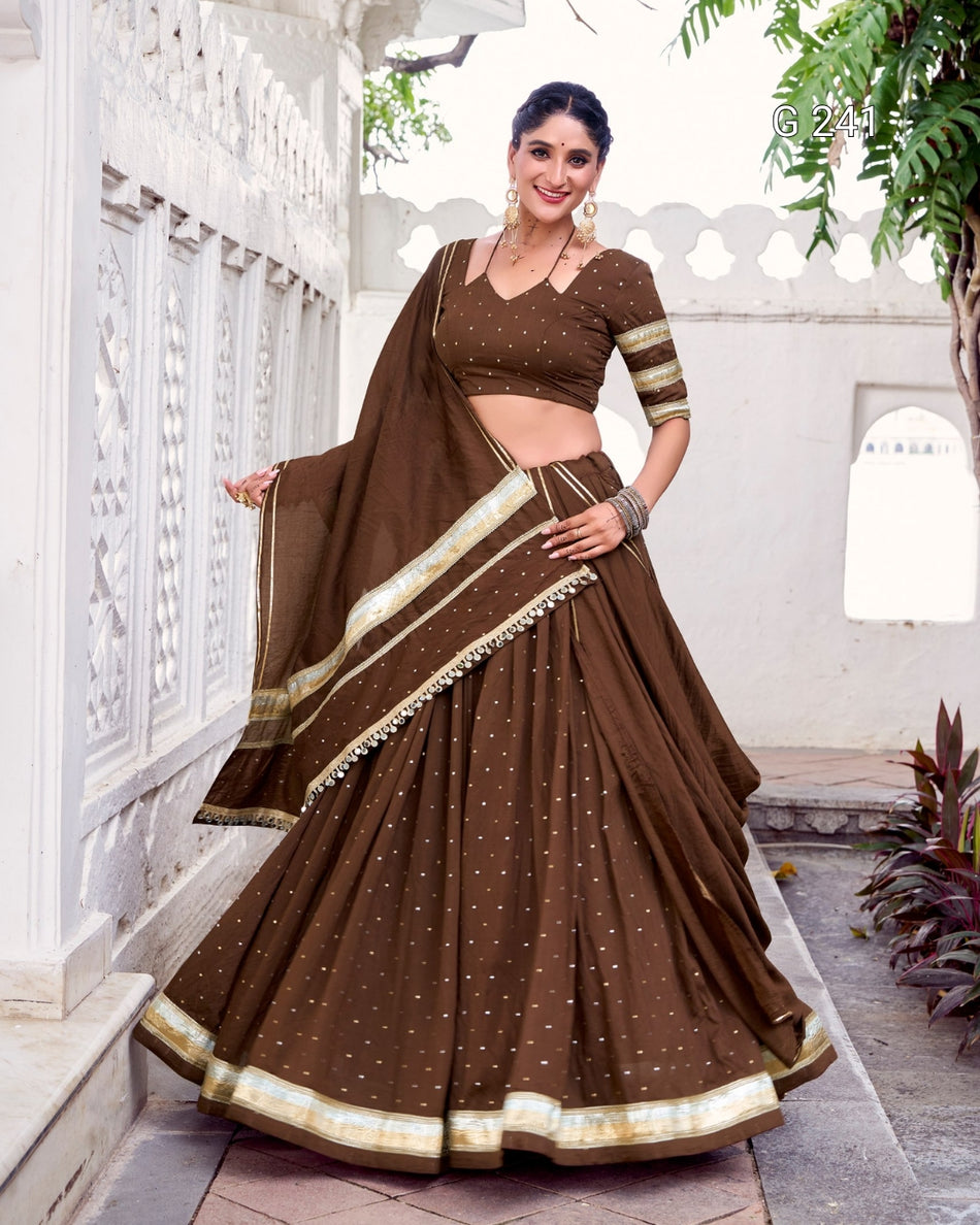Zari Weaving Pure Chanderi Lehenga with Embossed Design Lace – G 241