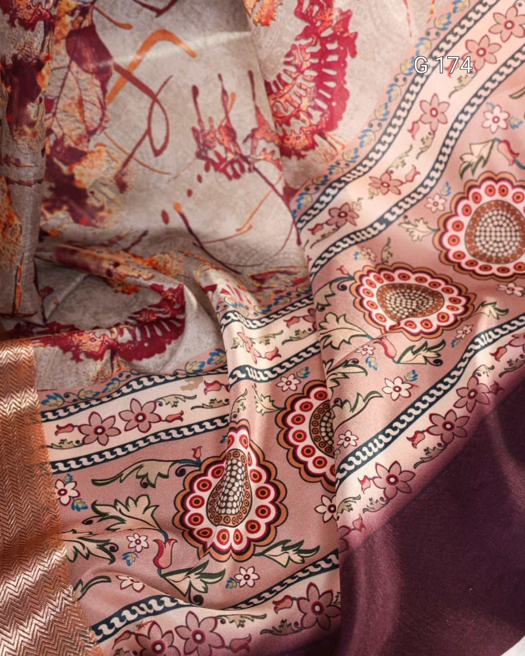 Close-up of patterned fabric with floral and abstract designs.