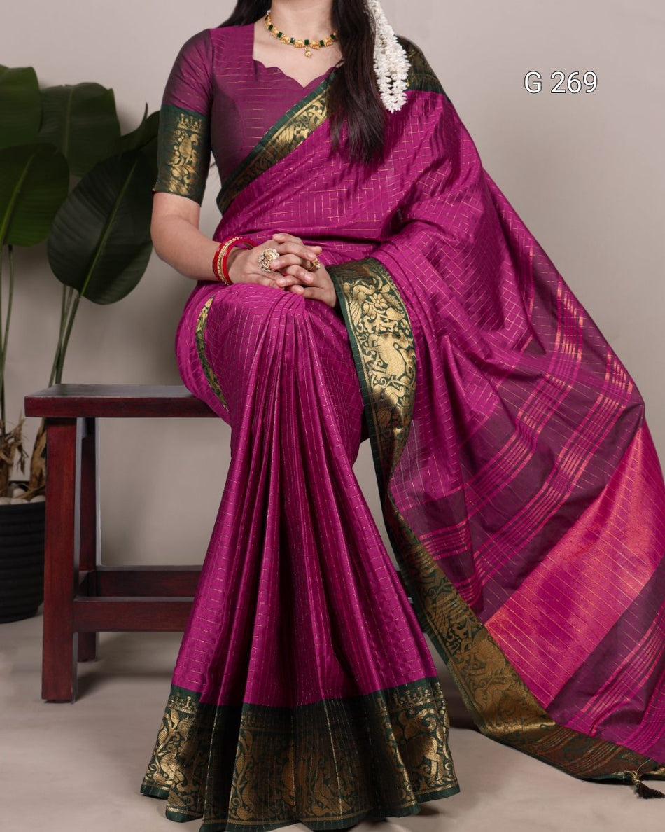 Chex Pattern Poly Cotton Saree with Zari Weaving – G 269