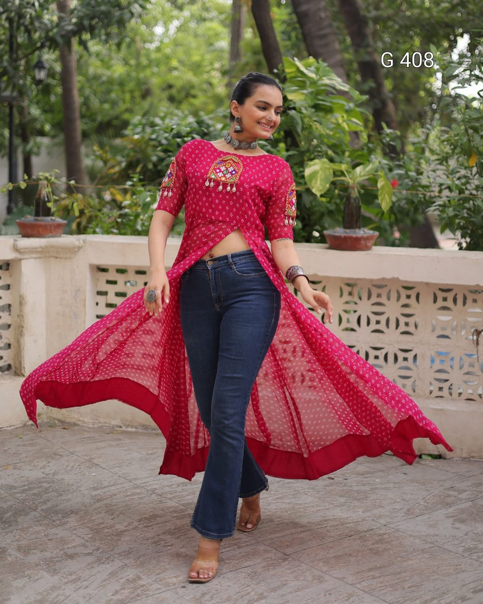 Bandhani Print Faux Georgette Kurti with Kutchi Patchwork – G 408