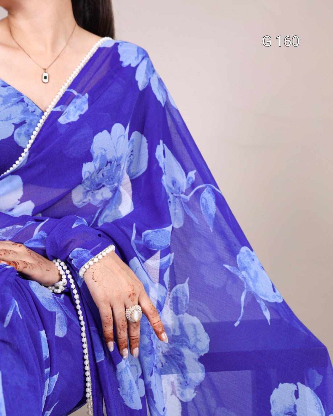 Blue floral saree with a neutral background