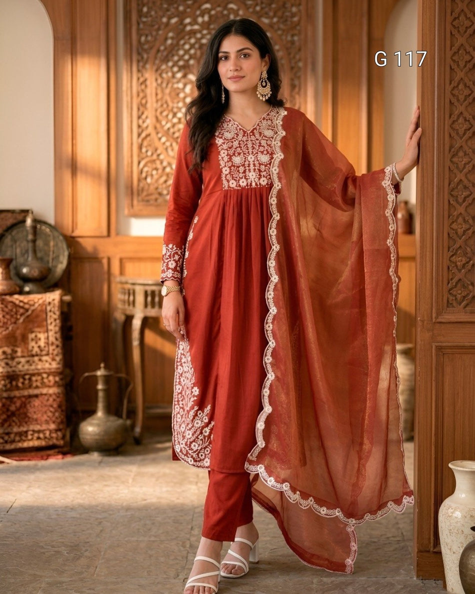 Rust Orange Maska Cotton Top with Sequins Embroidery & Plain Bottom Set - G 117