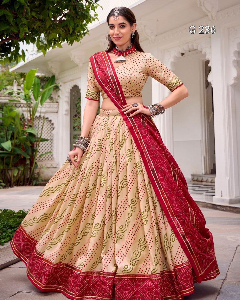 Bandhej Print Tasar Silk Lehenga with Gotta Patti Lace – G 236