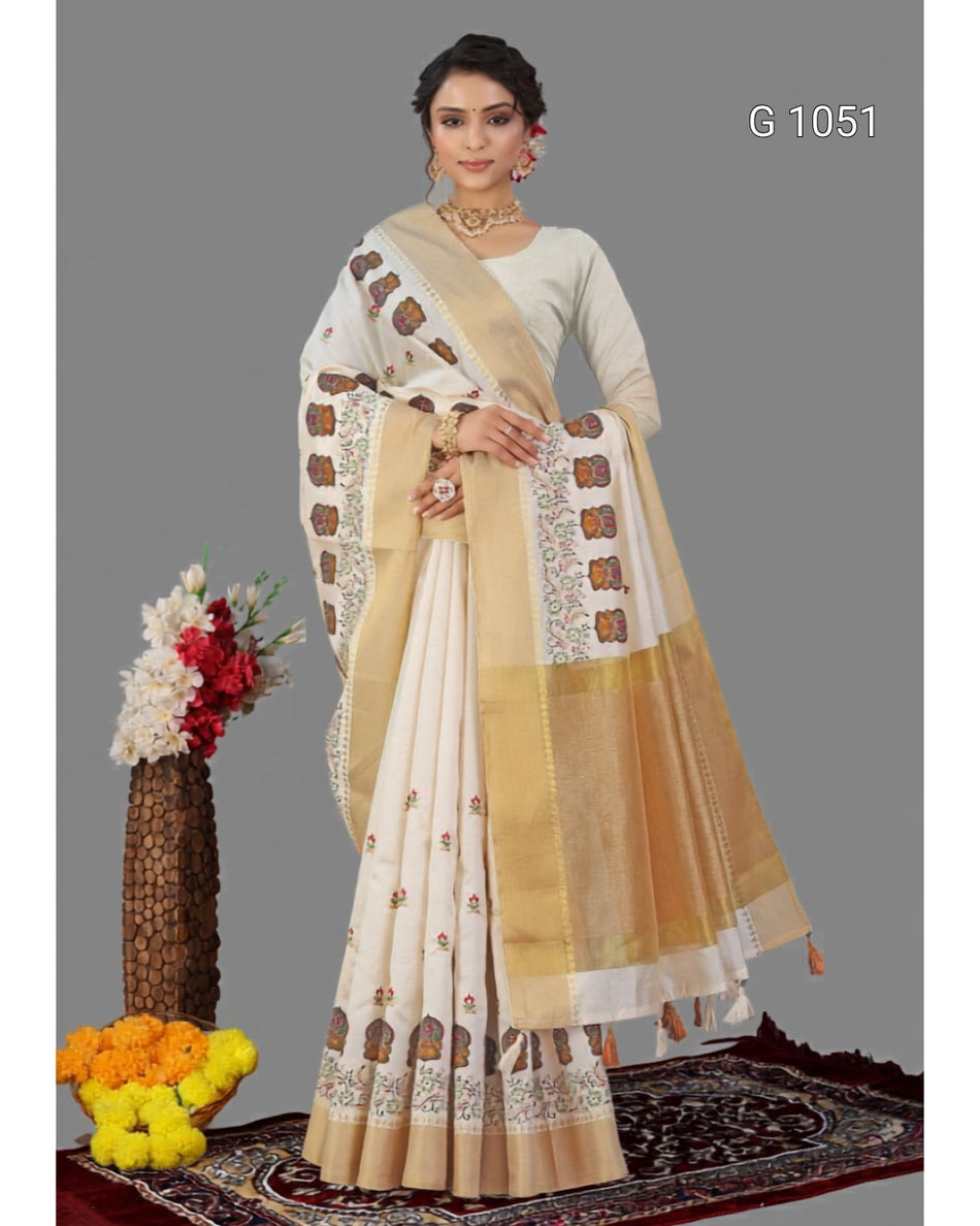 Stylish Linen Khadi Sarees with Embroidery Details - G 1051