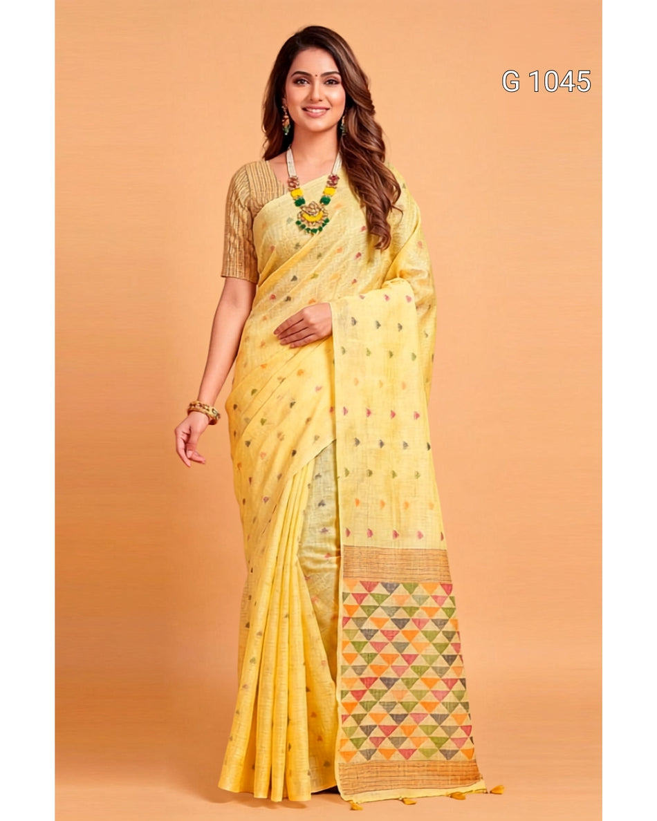 Traditional Linen Cotton Weaving Sarees for Festive Occasions - G 1045