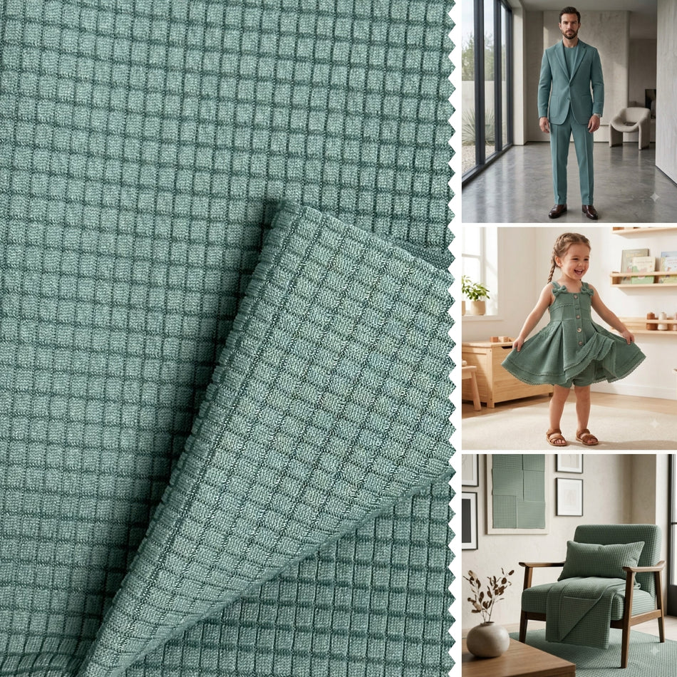 Sage Teal Winner Cheks Fabric by Yard, Poly Spandex Stretch Textured Grid Waffle Material GF 100