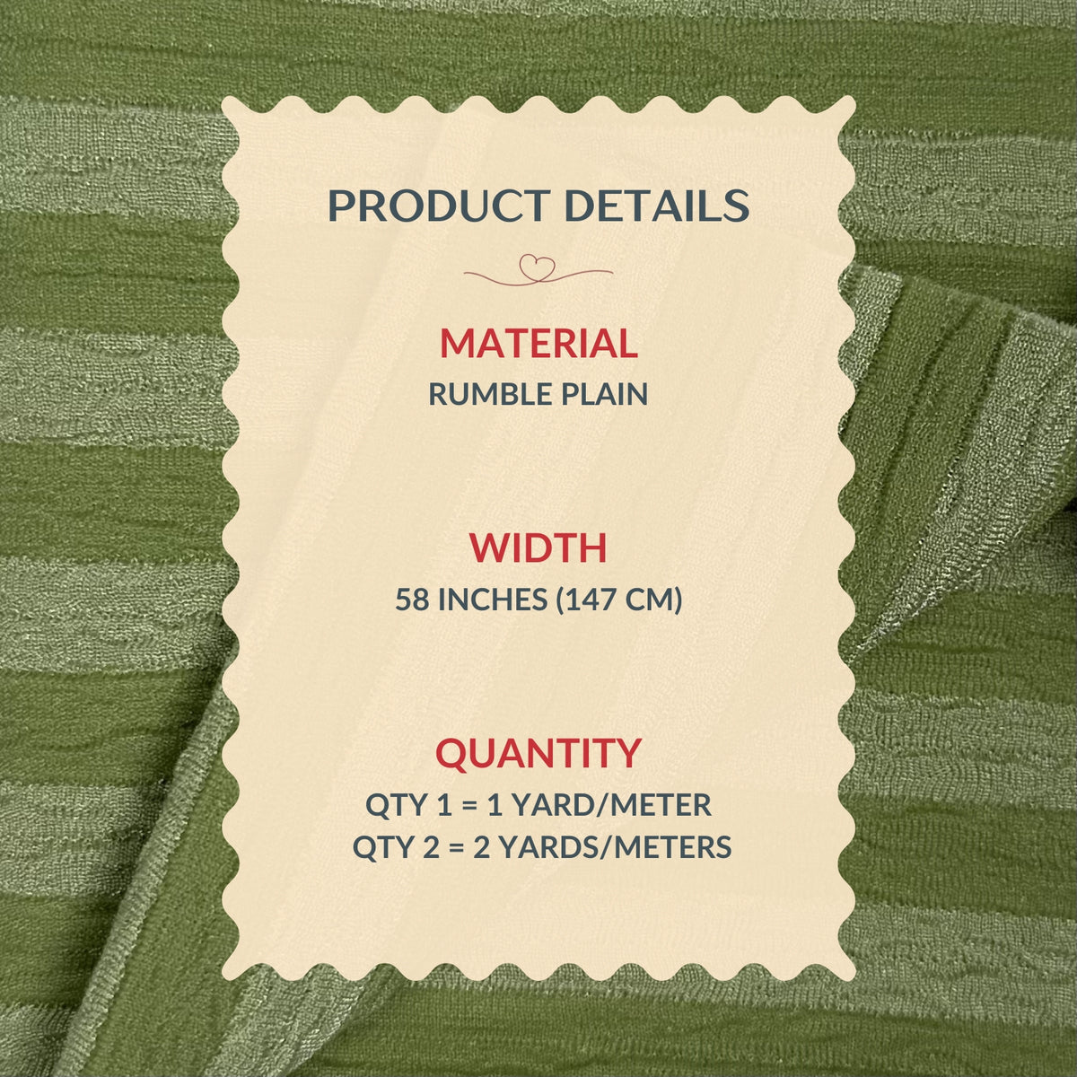 Product details label on a green fabric background