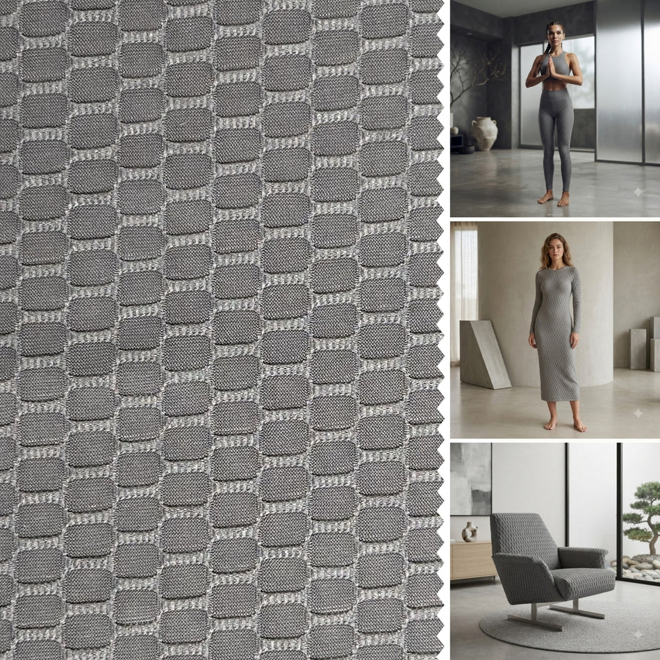 Grey Hexa Textured Knit Fabric by Yard, Poly Spandex Stretch Geometric Waffle Material GF 81