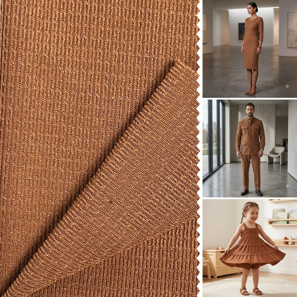 Camel Brown Zip Zip Knit Fabric by Yard, Poly Spandex Stretch Textured Dash Rib Material  GF 98