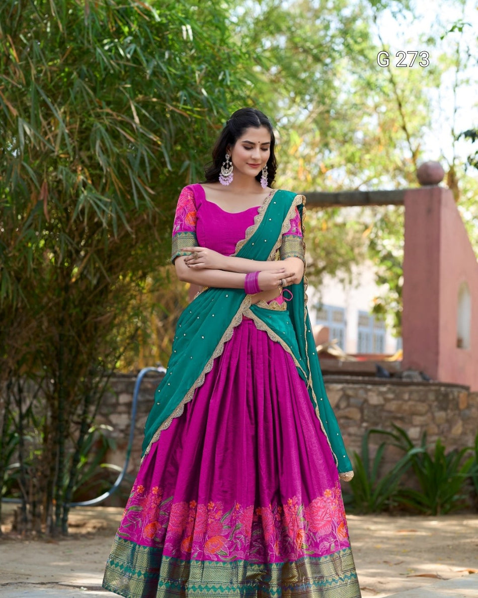 Thread Embroidery Cotton Silk Lehenga with Zari Weaving – G 273