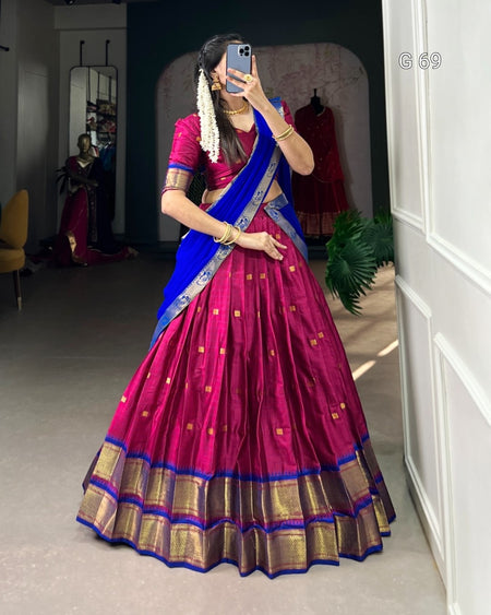 Person wearing a pink and blue saree in a room with a mirror and plant.
