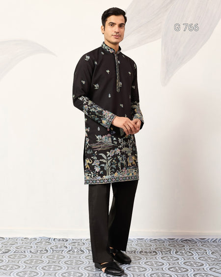 Man wearing a black embroidered kurta with pants on a white background