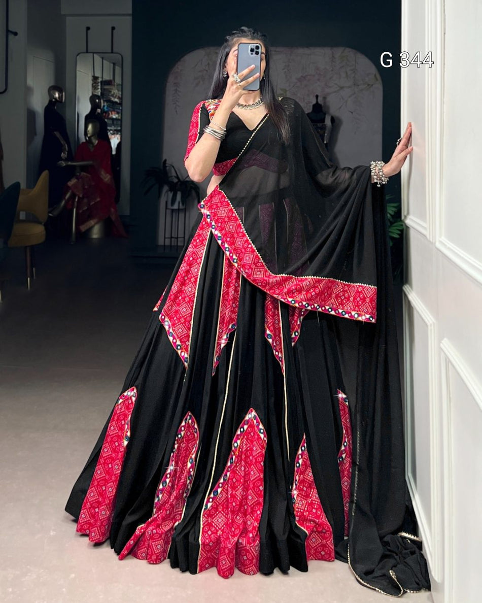 Black Pure Rayon Lehenga with Bandhej & Mirror Work - G 344