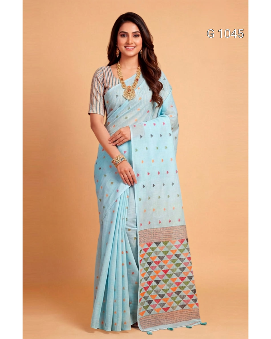 Traditional Linen Cotton Weaving Sarees for Festive Occasions - G 1045