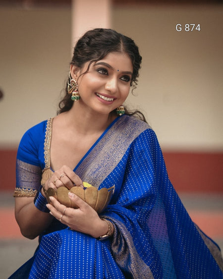 Woman in a blue saree holding a bowl with a blurred background