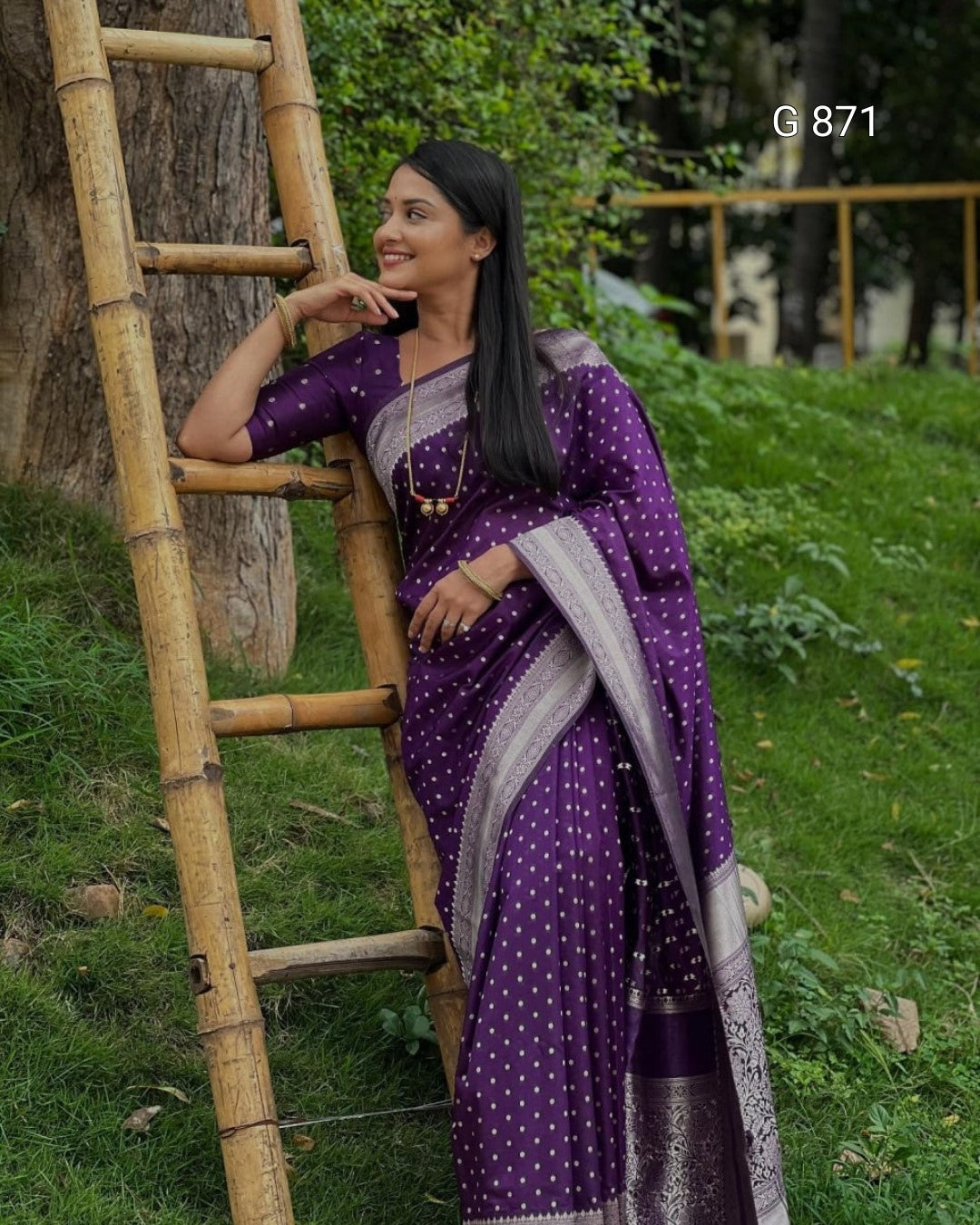 Woman in a purple saree sitting on a wooden ladder in a garden