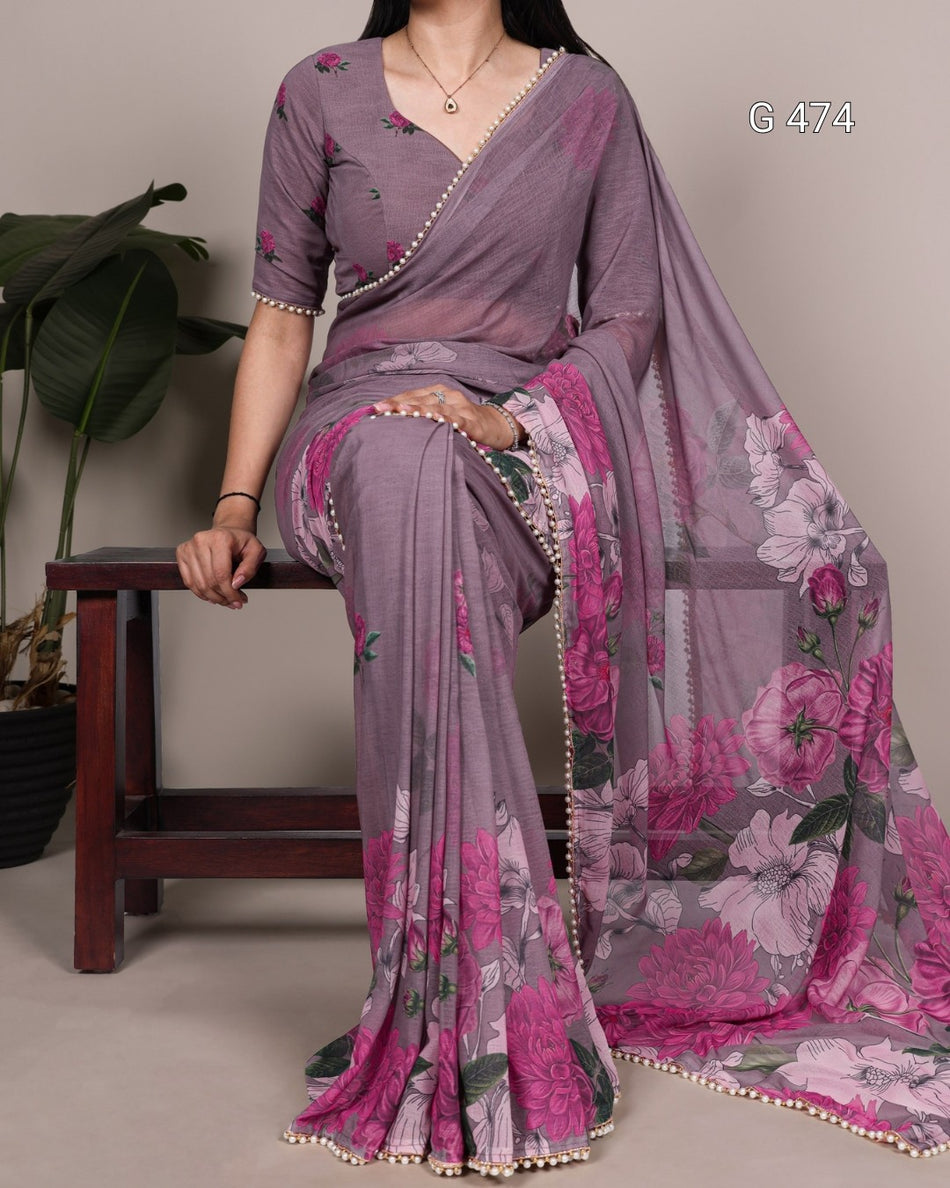Premium Marble Printed Sarees with Elegant Lace - G 474
