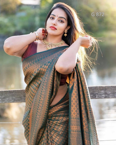 Woman in a green saree with a blurred natural background