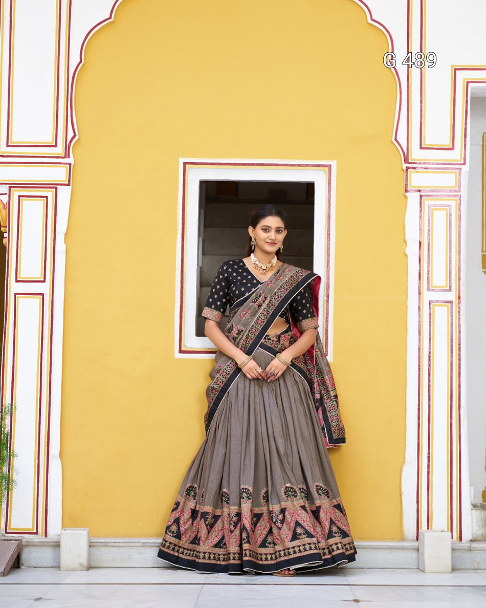 Designer Tasar Silk Lehenga with Print and Sparkle - G 472