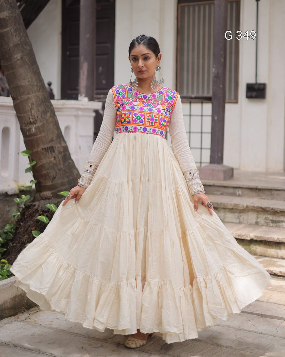 Off-White Kora Cotton Stitched Gown with Multi-Thread Gamthi Embroidery - G349