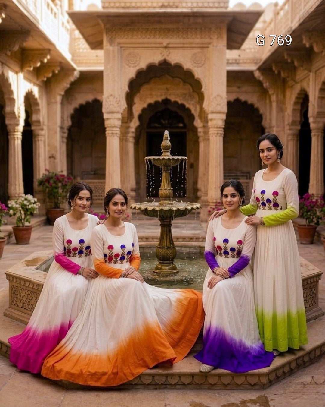 Four women in colorful dresses sitting in front of a fountain with ornate architecture.