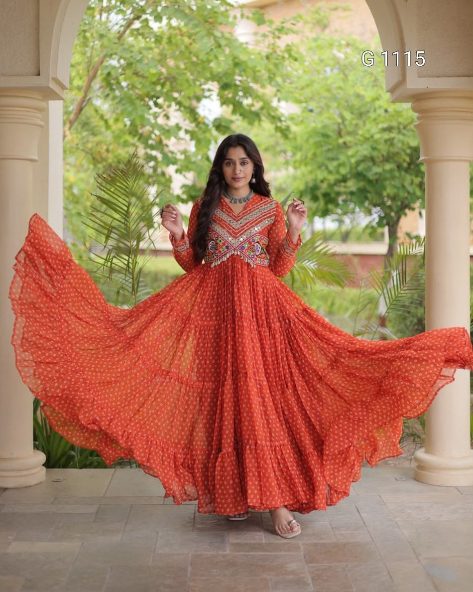Graceful Georgette Gown with Bandhani and Patchwork - G 1115 Orange