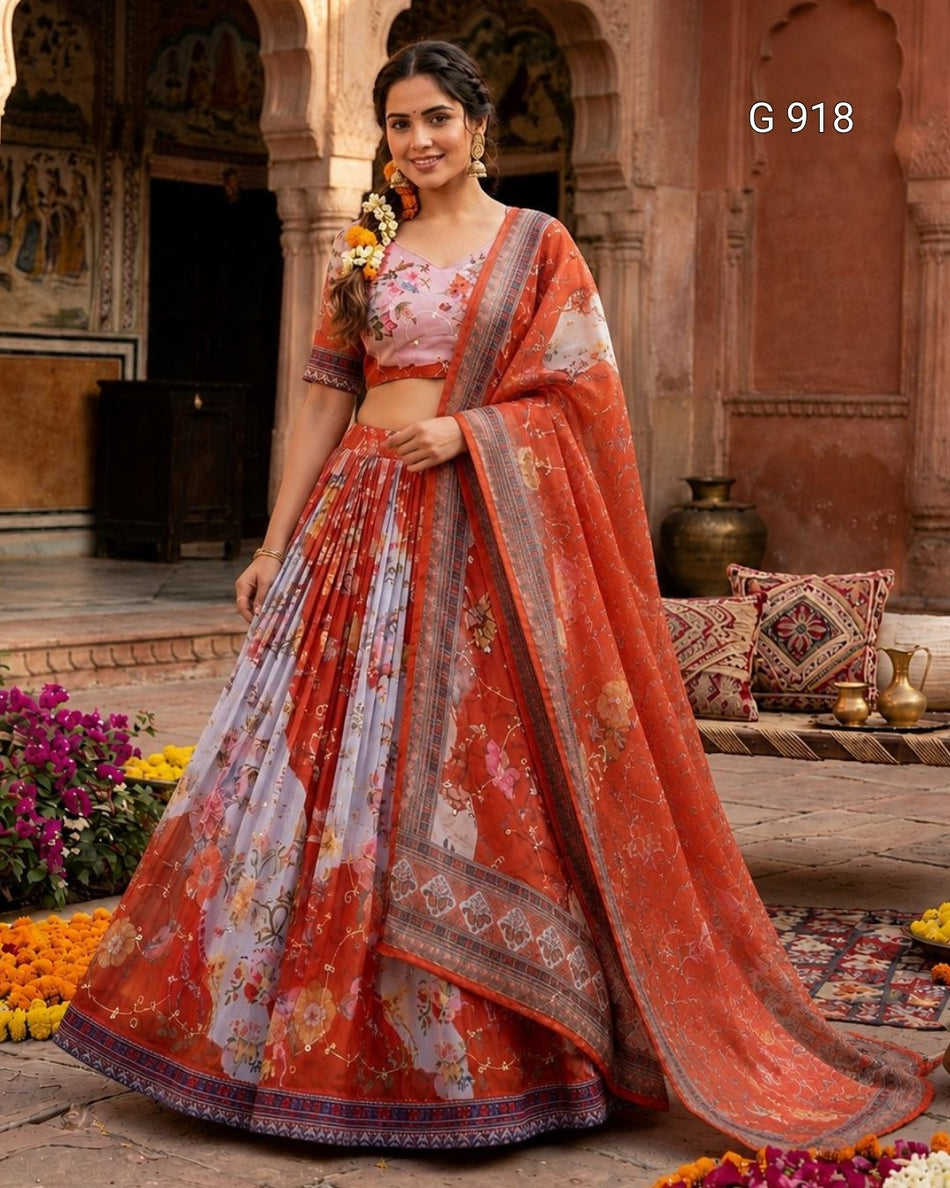 Digital Print Embroidered Lehenga Choli - G 918
