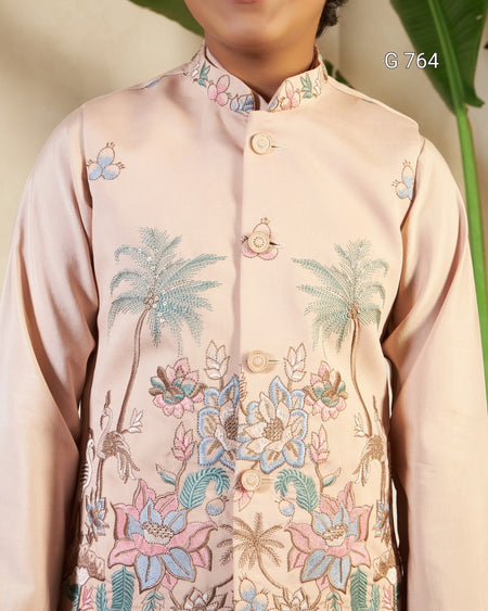 Traditional embroidered shirt with floral and palm tree patterns on a beige background