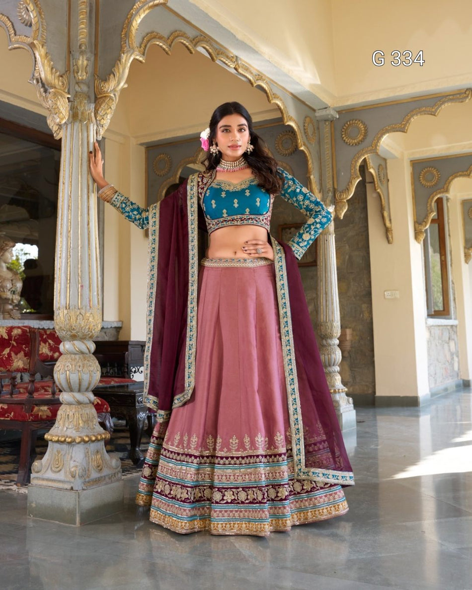 Peach Moonga Silk Lehenga with Sequins & Thread Embroidery - G 334