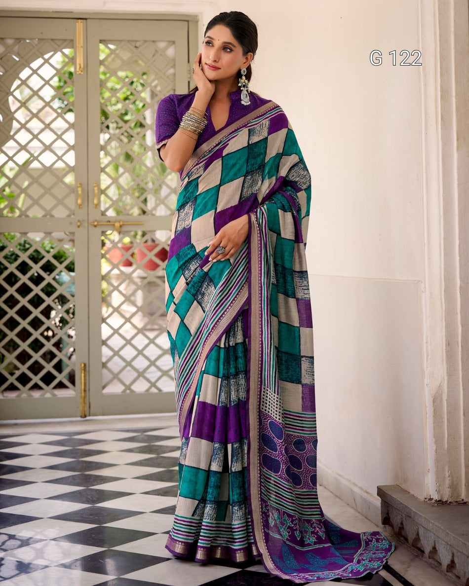 Printed Polyester Viscose Chanderi Saree with Temple Border – G 122