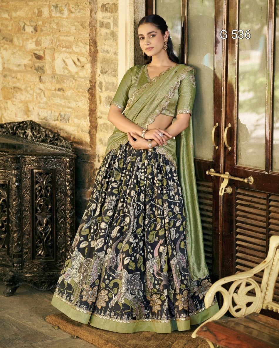 Kalamkari Tasar Silk Lehenga with Embroidered Dupatta - G 536