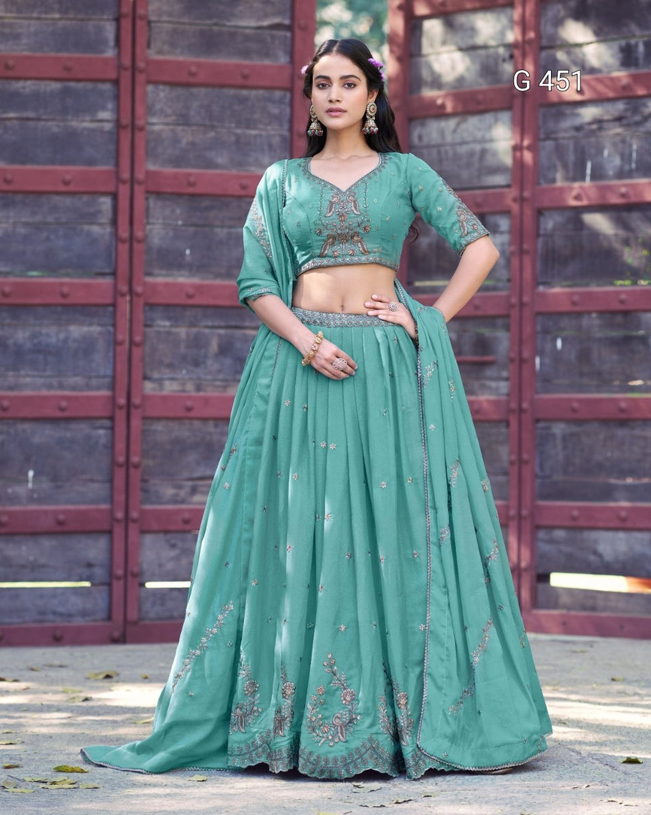 Elegant Aqua Lehenga with Sequins and Thread Work - G 451