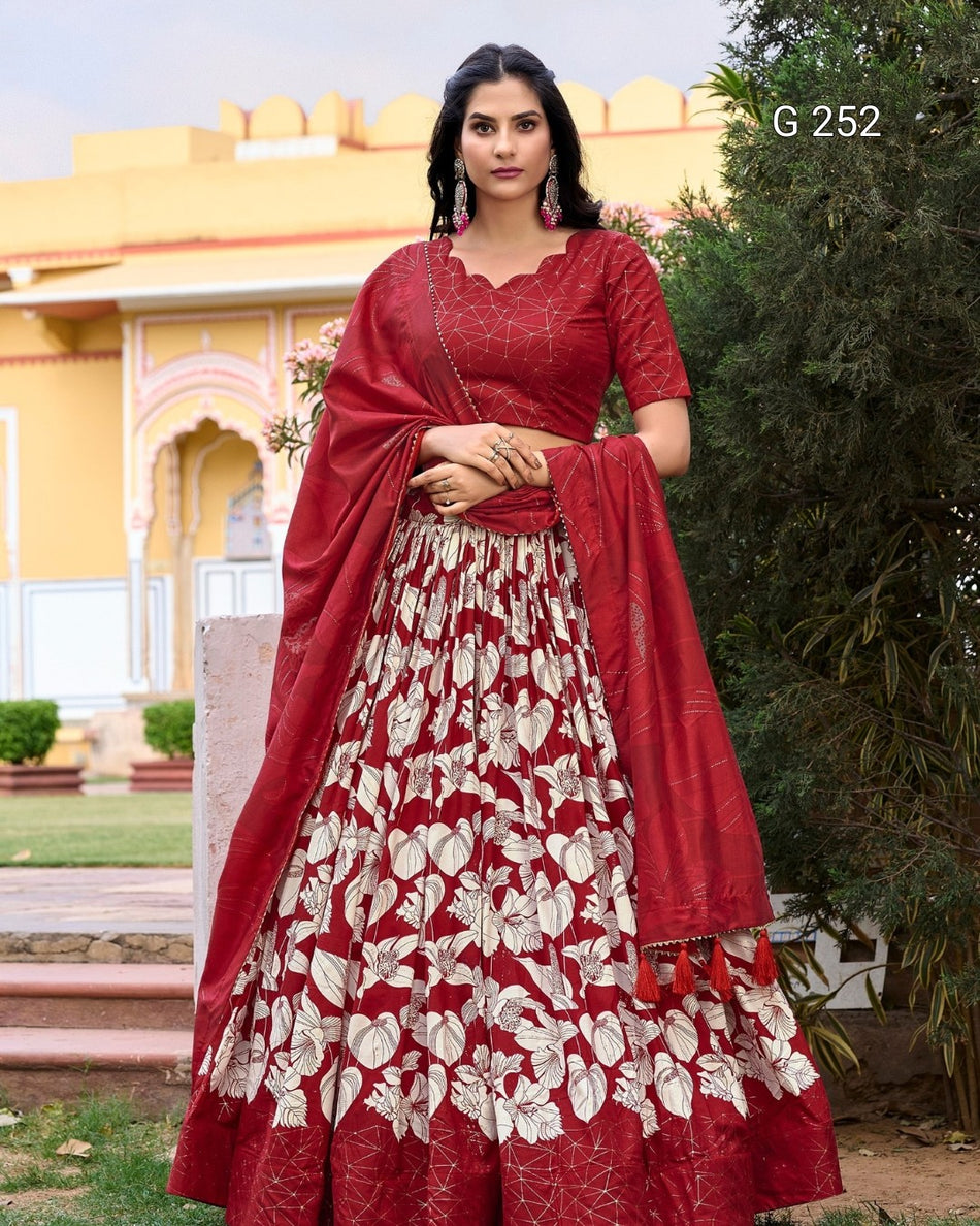 Floral Print Tussar Silk Lehenga with Foil Print – G 252