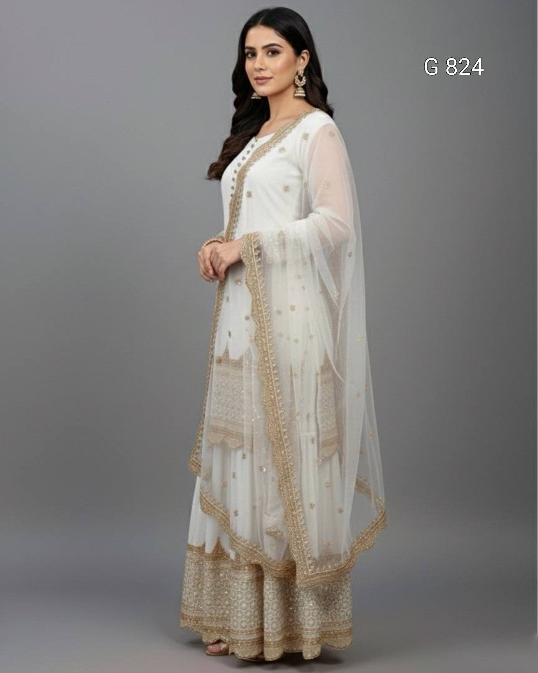 Woman wearing a white and gold traditional outfit on a gray background
