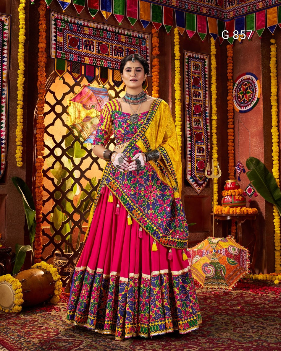 Woman in a colorful traditional outfit with a decorated background