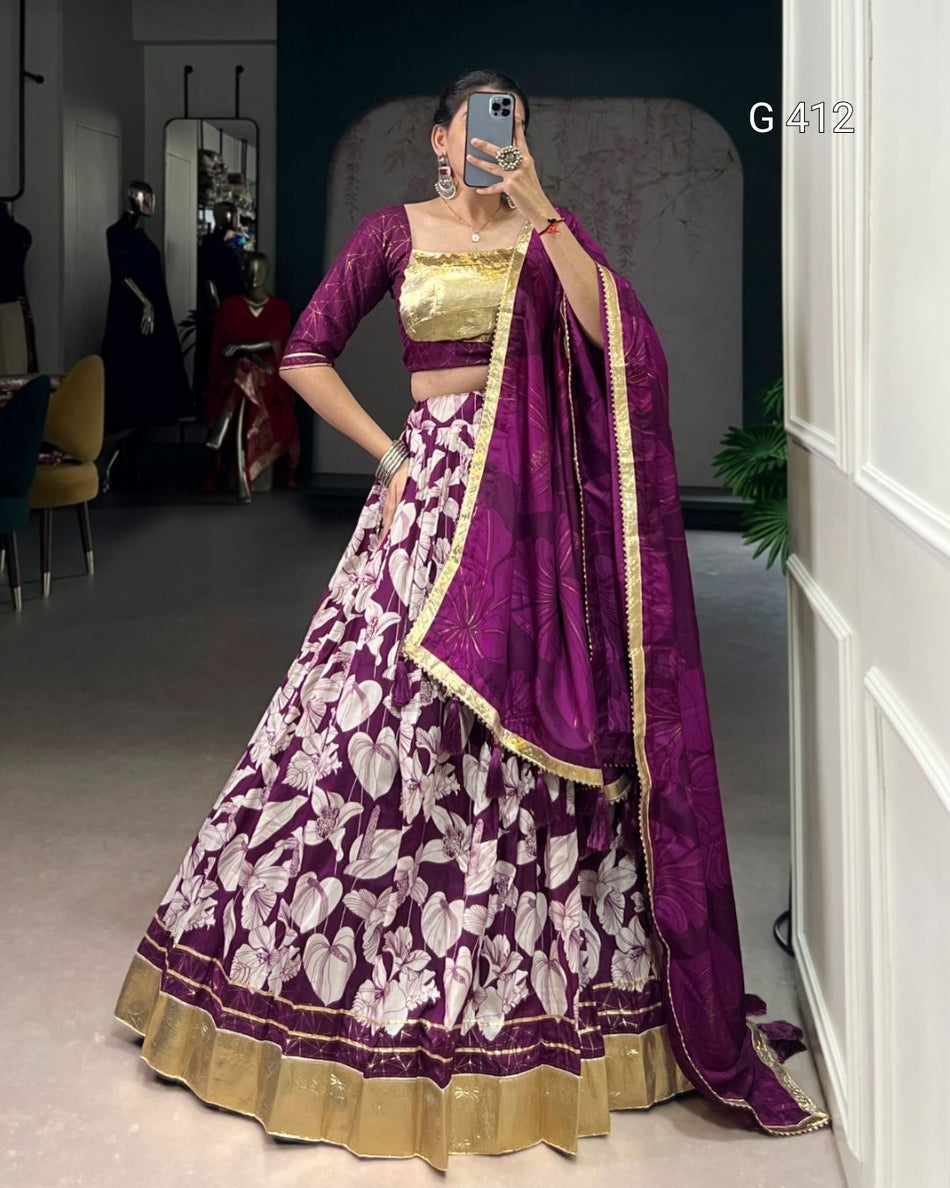 Tasar Silk Lehenga with Foil & Embossed Lace Work – G 412