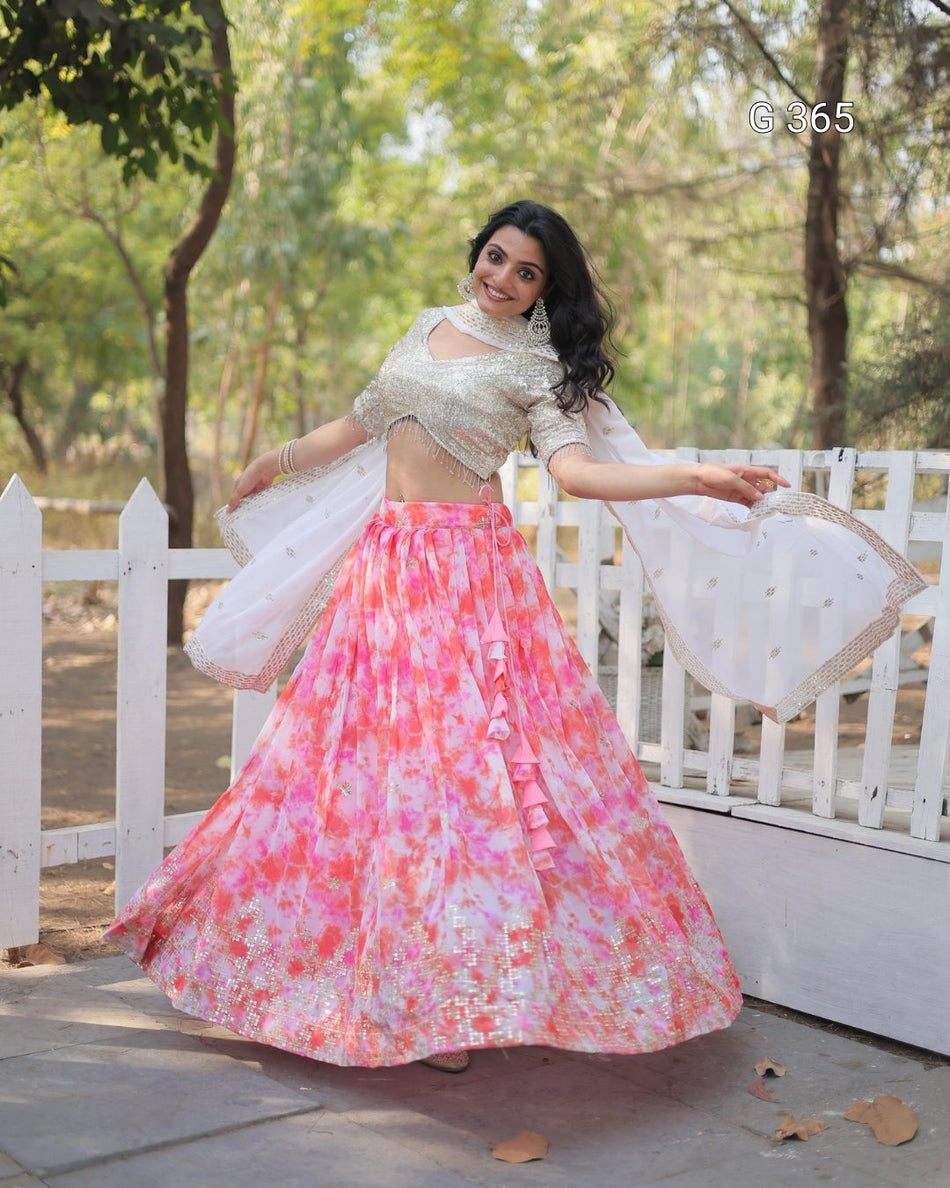 Digital Printed Faux Georgette Lehenga with Sequins & Embroidery – G 365 Pink
