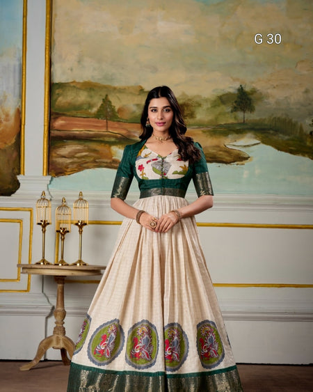 Woman in a traditional outfit standing in a decorated room with a painting on the wall.