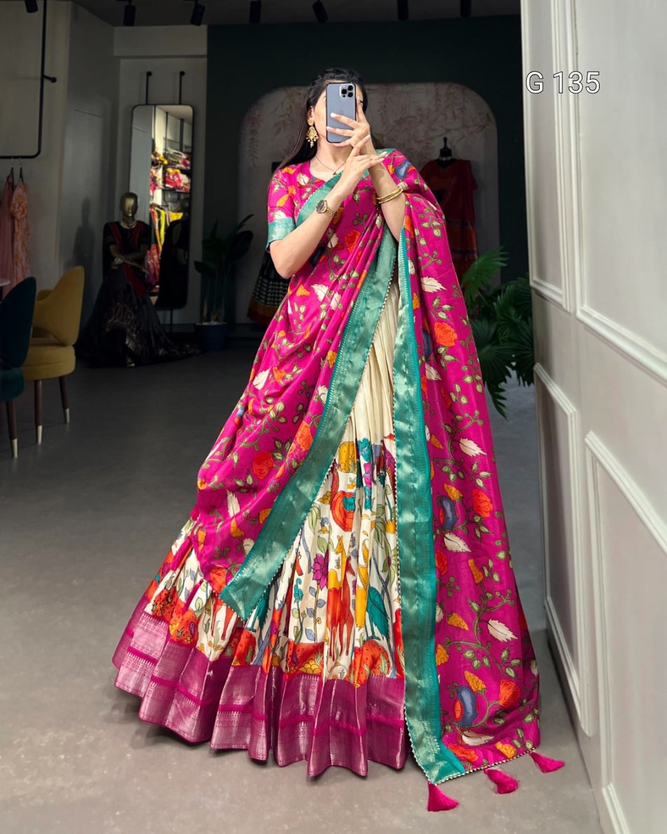 Dola Silk Kalamkari Printed Lehenga with Zari Weaving Border & Tassels – G 135