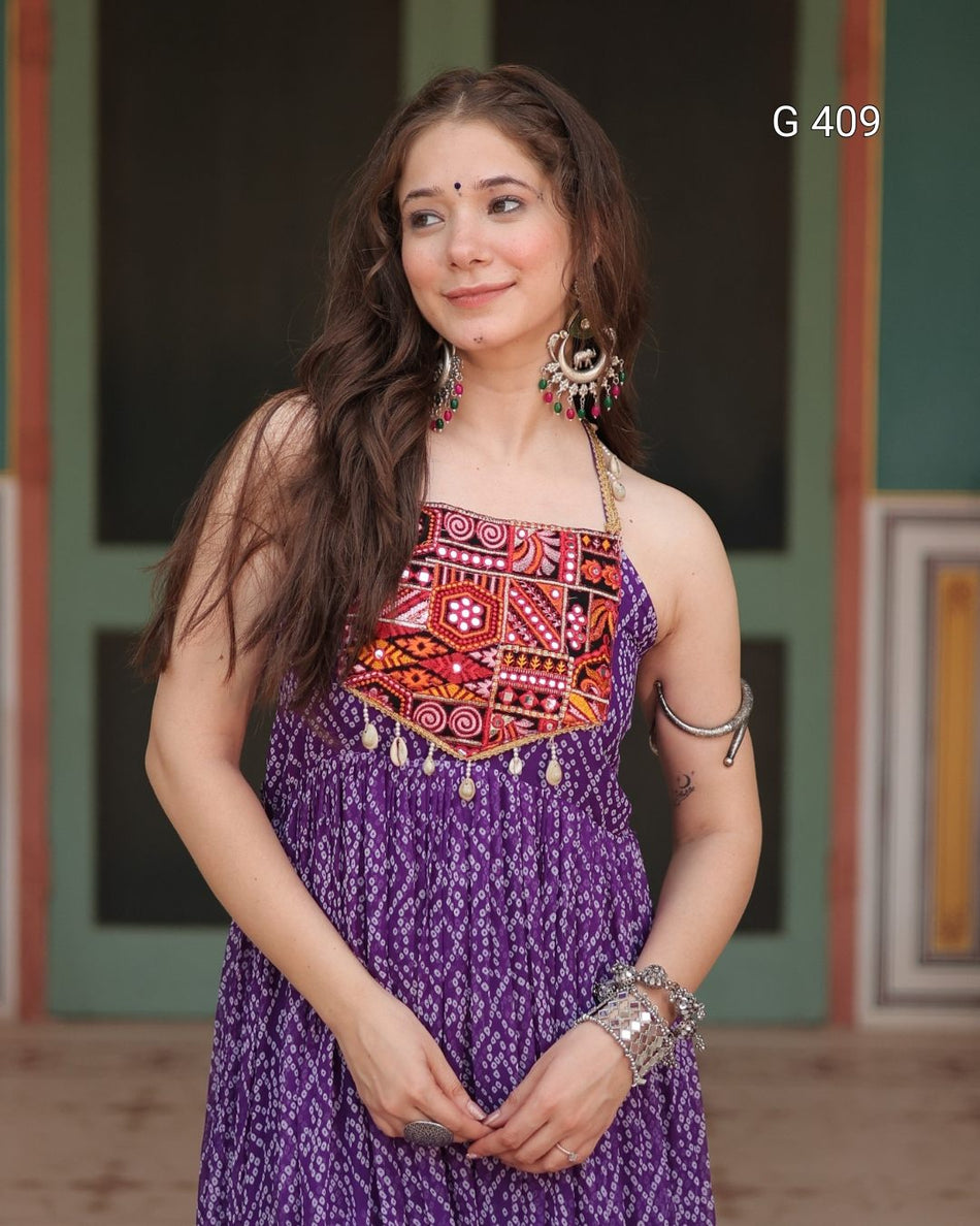Bandhani Print Faux Georgette Gown with Kutchi Patchwork – G 409