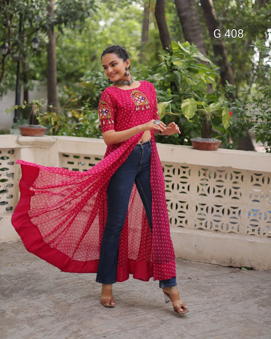 Bandhani Print Faux Georgette Kurti with Kutchi Patchwork – G 408