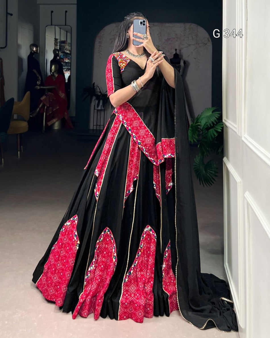 Black Pure Rayon Lehenga with Bandhej & Mirror Work - G 344