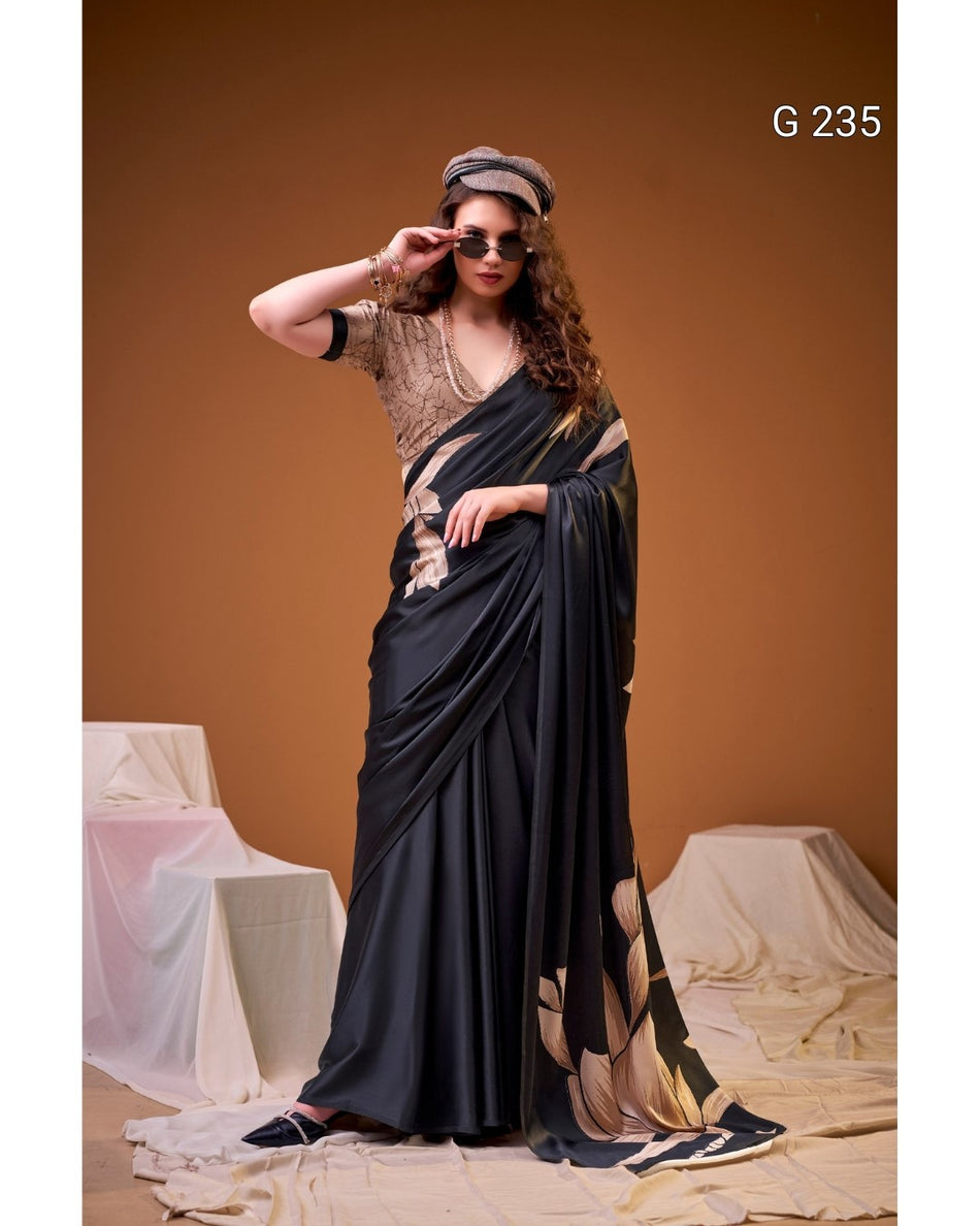 Floral Printed Satin Silk Saree – G 235