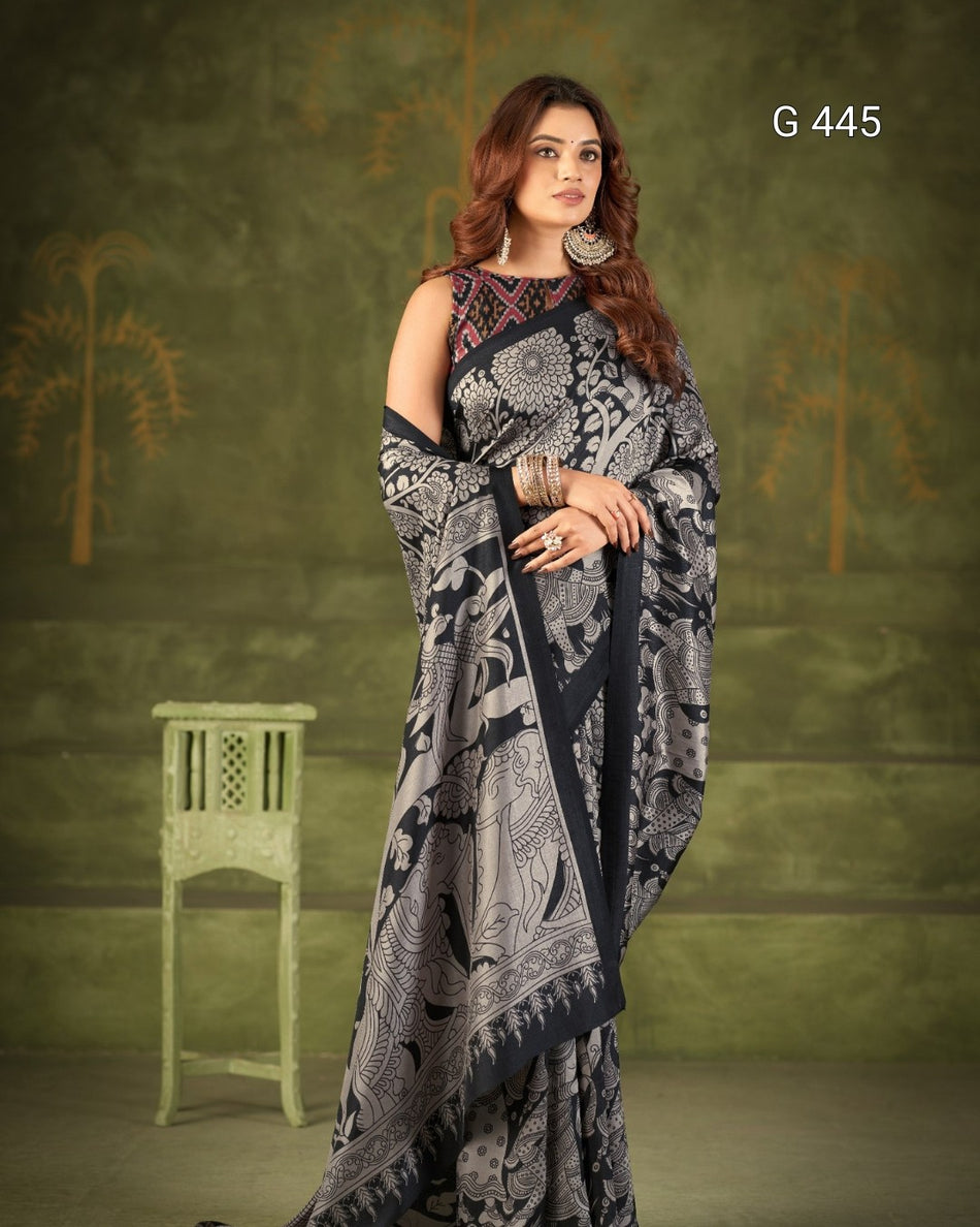 Kalamkari Print Tasar Sarees with Stylish Blouse - G 445