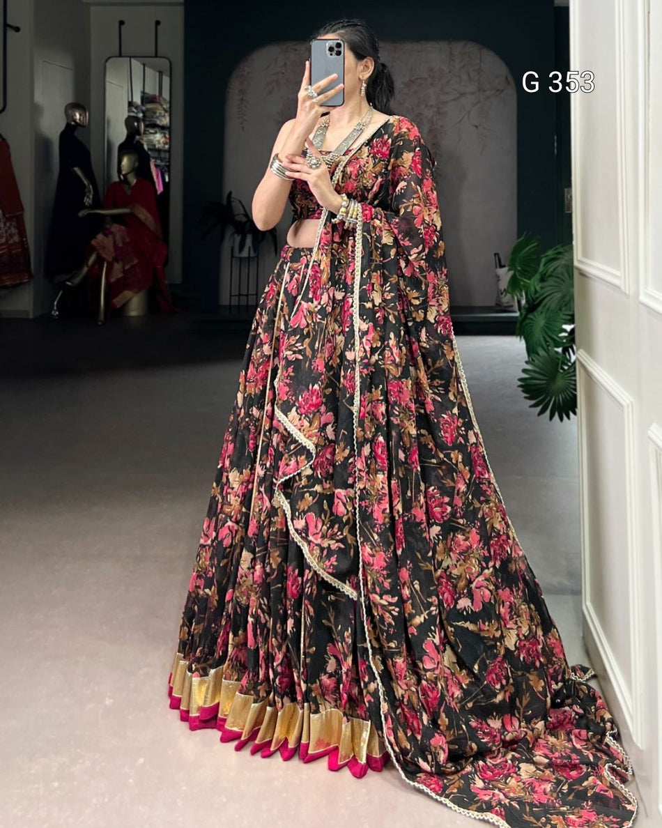 Chiffon Lehenga with Floral & Foil Print – Stitched Set - G353