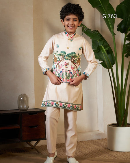 Young boy wearing a traditional outfit with floral patterns in a room setting.
