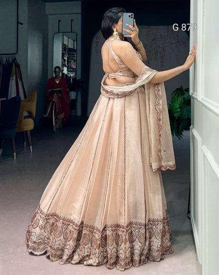 Woman in a beige embroidered saree taking a mirror selfie in a room.
