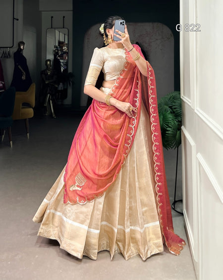 Person wearing a traditional saree with a pink and gold design in an indoor setting.