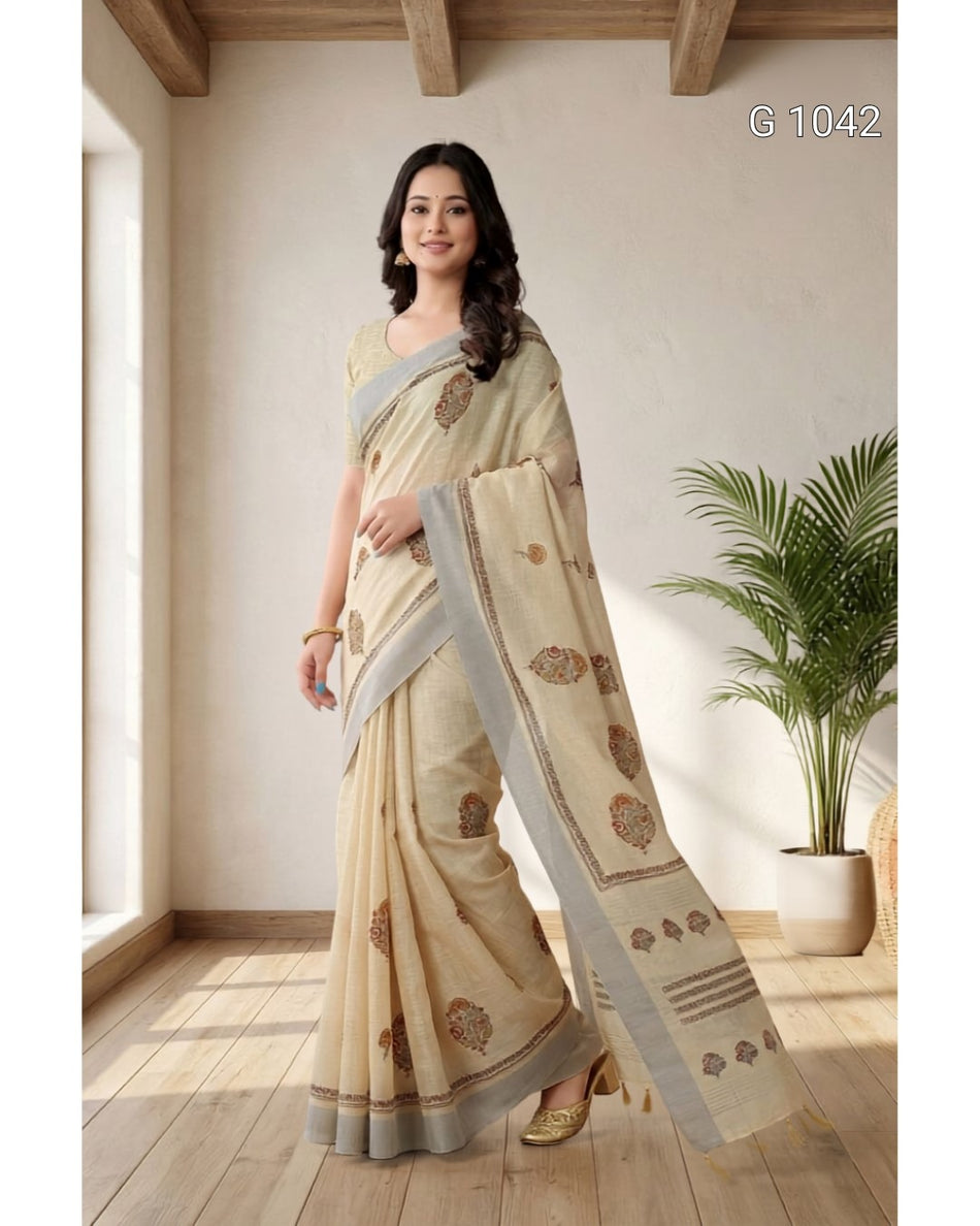 Premium Cotton Silk Saree with Beautiful Block Print Design G 1042 Cream 101