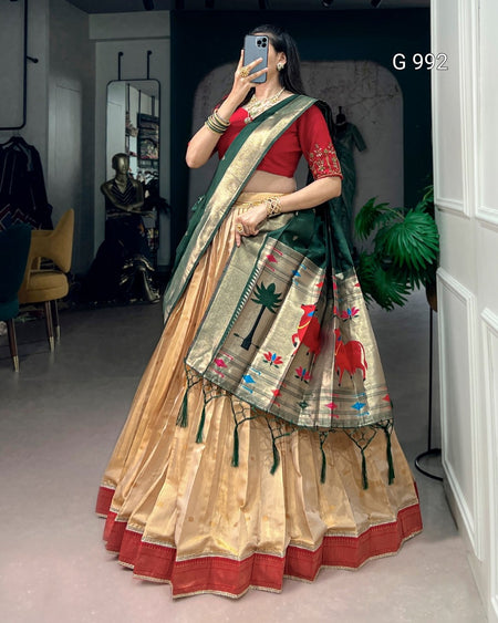 A woman wearing a traditional Indian saree in a mirror selfie inside a boutique. The saree features a beige and gold zari body with red borders, a dark green border, and colorful elephant motifs, paired with a red blouse.